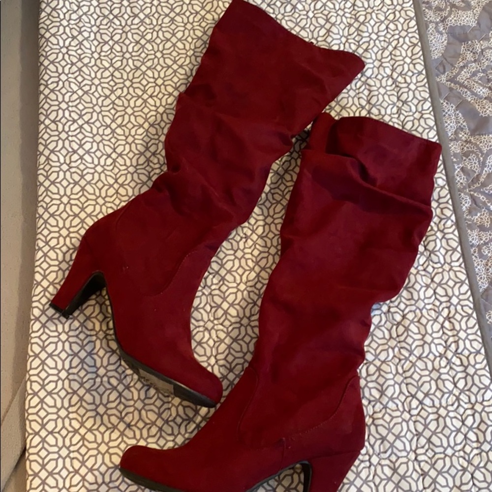 Red velvet high heel boots